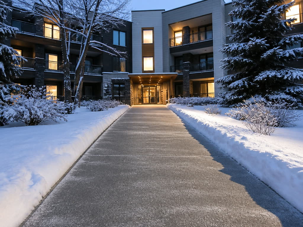 Snow removal at a Calgary condo complex, with cleared shared walkways and parking
