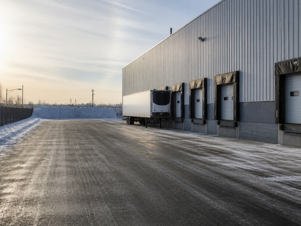Cleared industrial warehouse yard in Calgary with loading docks and a swept truck route