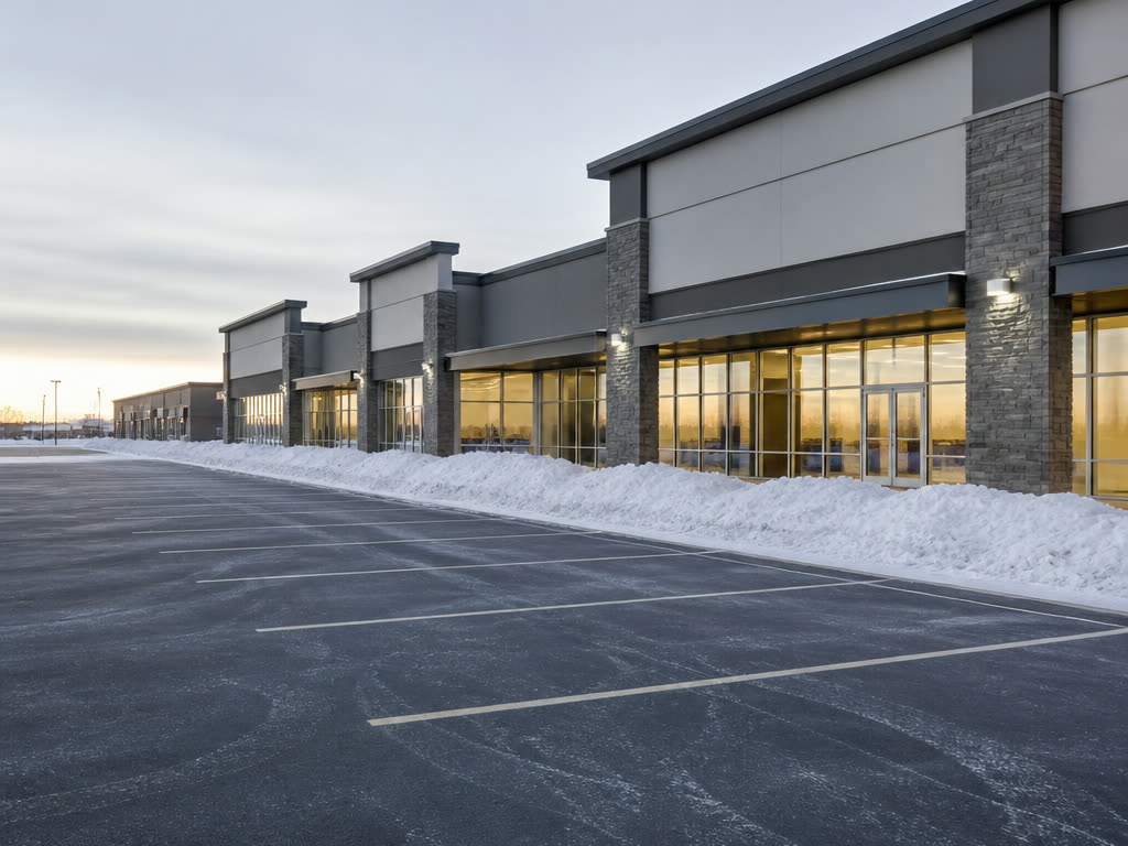 Cleared retail plaza parking lot in Calgary on a winter morning, storefronts lit behind bare asphalt